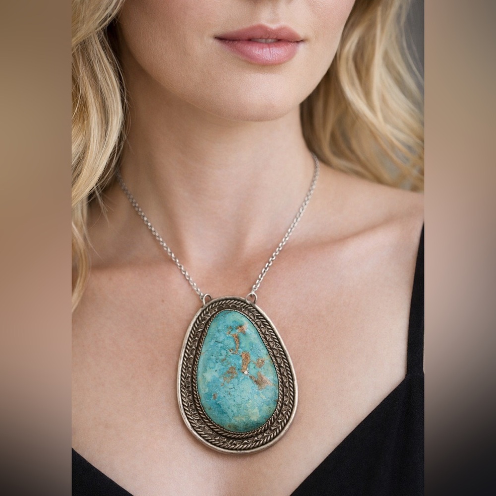 Vintage 3.75” Sterling /Large Turquoise Pendant-Walter Mitchell-PIJ- 1970’s